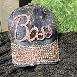 Denim Cap with Pink 'Boss' and Rhinestones